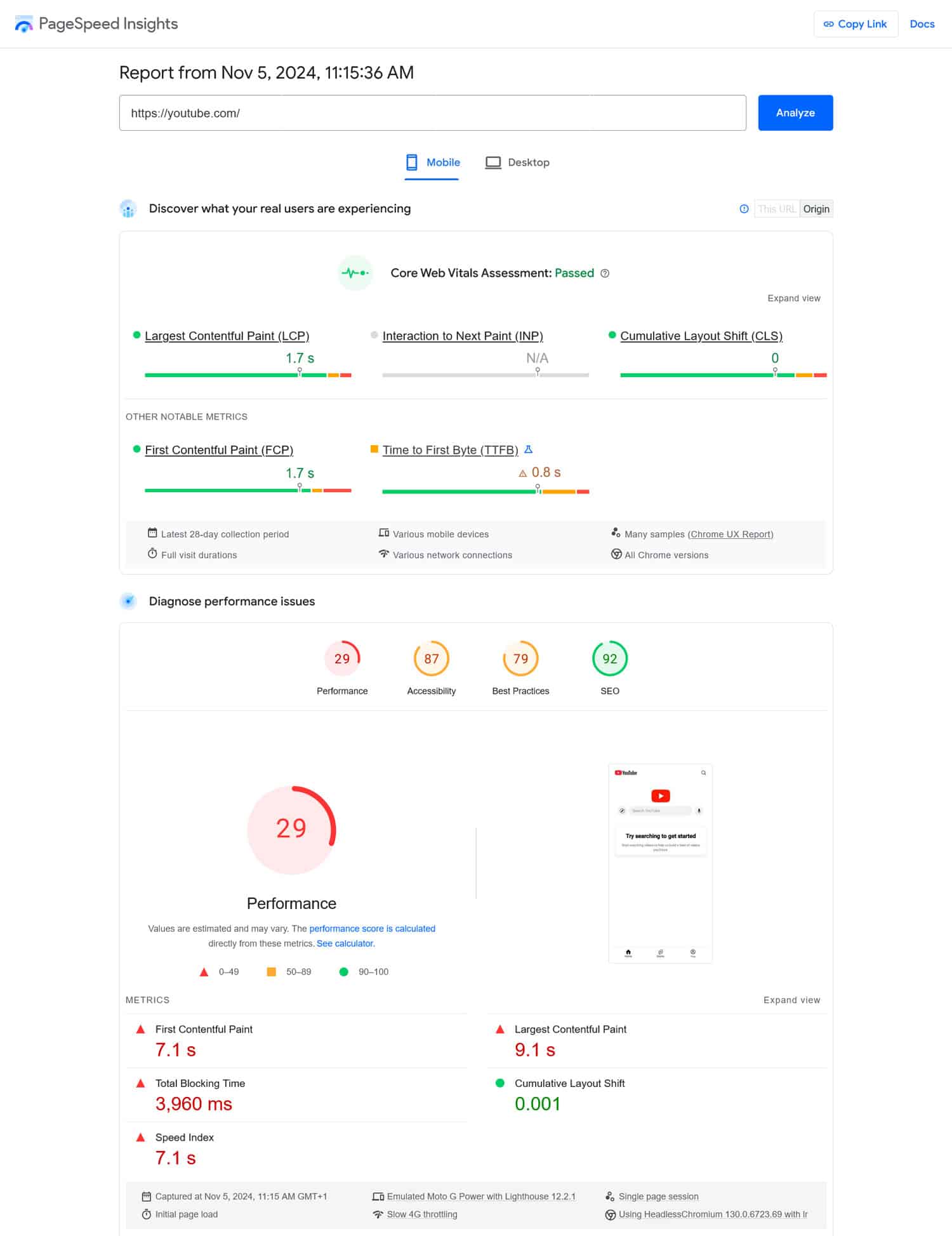 Resultados da análise de desempenho móvel do PageSpeed ​​​​Insights