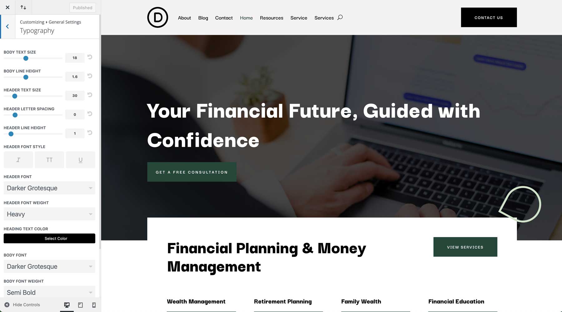 Site inicial de consultor financeiro para Divi