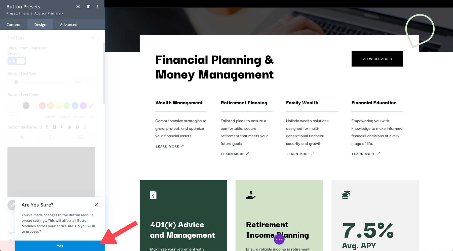 Site inicial de consultor financeiro para Divi