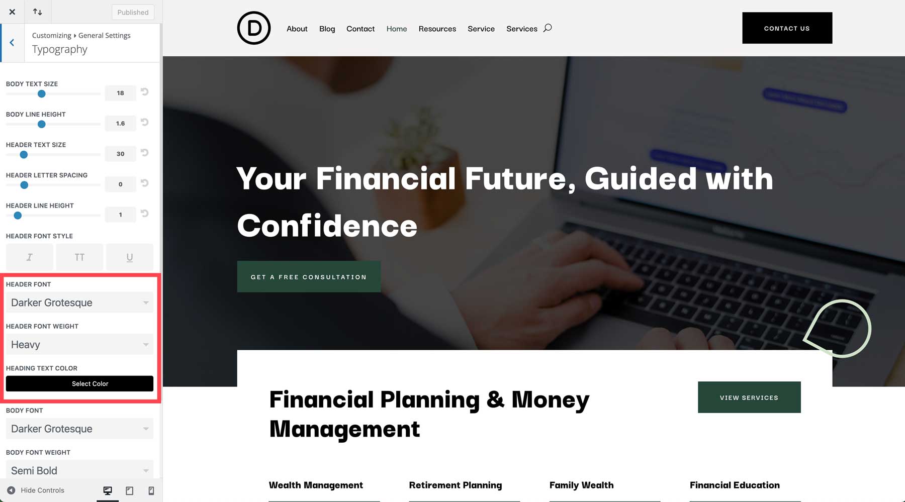 Site inicial de consultor financeiro para Divi