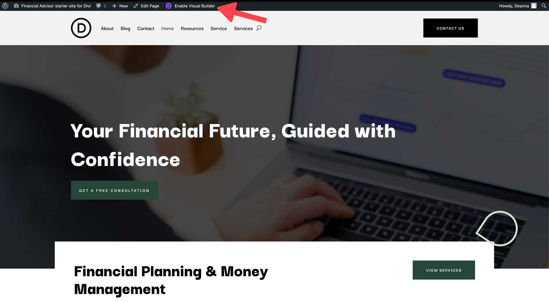 Site inicial de consultor financeiro para Divi