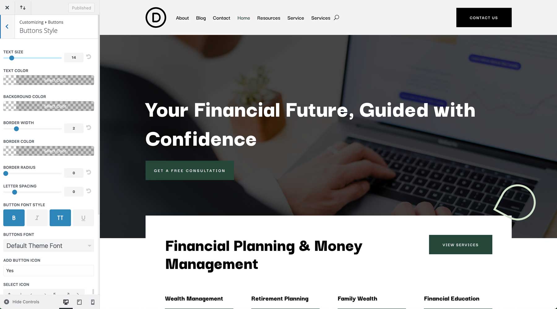 Site inicial de consultor financeiro para Divi