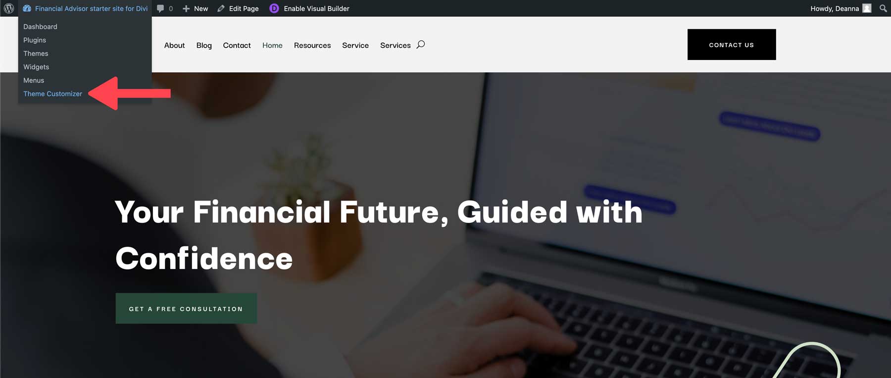 Site inicial de consultor financeiro para Divi