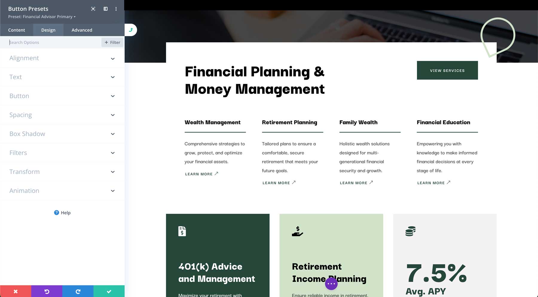 Site inicial de consultor financeiro para Divi