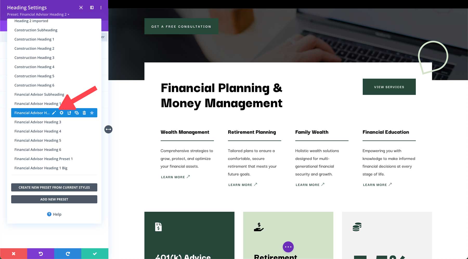 Site inicial de consultor financeiro para Divi