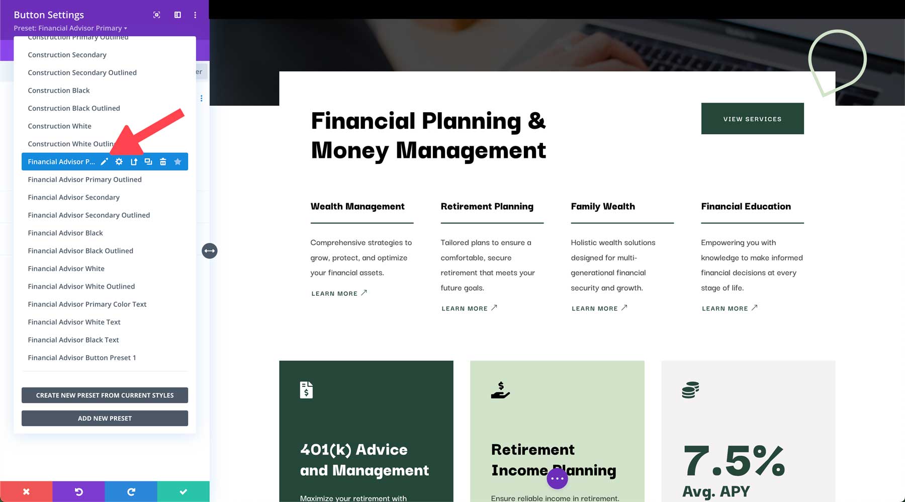 Site inicial de consultor financeiro para Divi