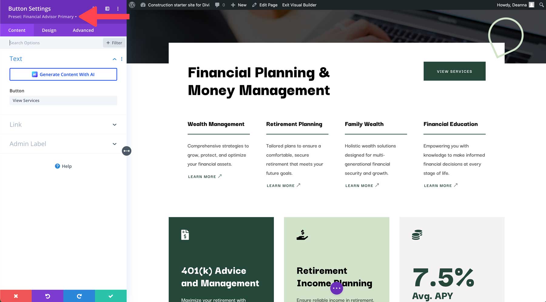 Site inicial de consultor financeiro para Divi