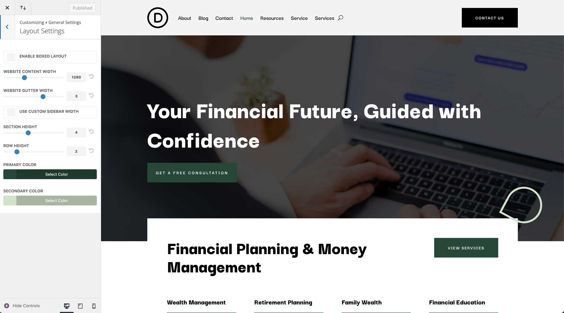 Site inicial de consultor financeiro para Divi