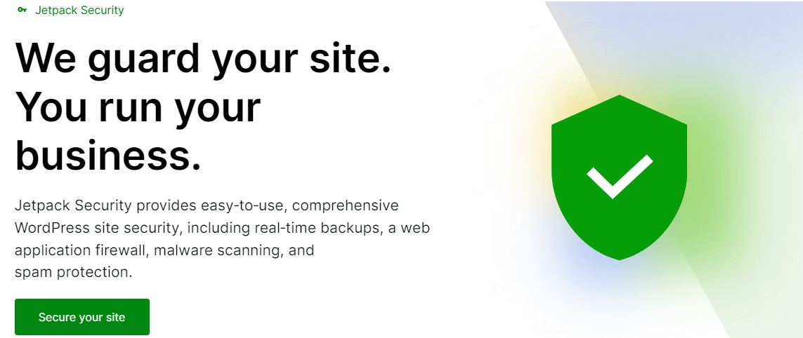 제목, 단락 및 "사이트 보안" 클릭 유도 문구가 포함된 jetpack.com의 Jetpack 보안 플러그인 페이지 히어로 섹션입니다.