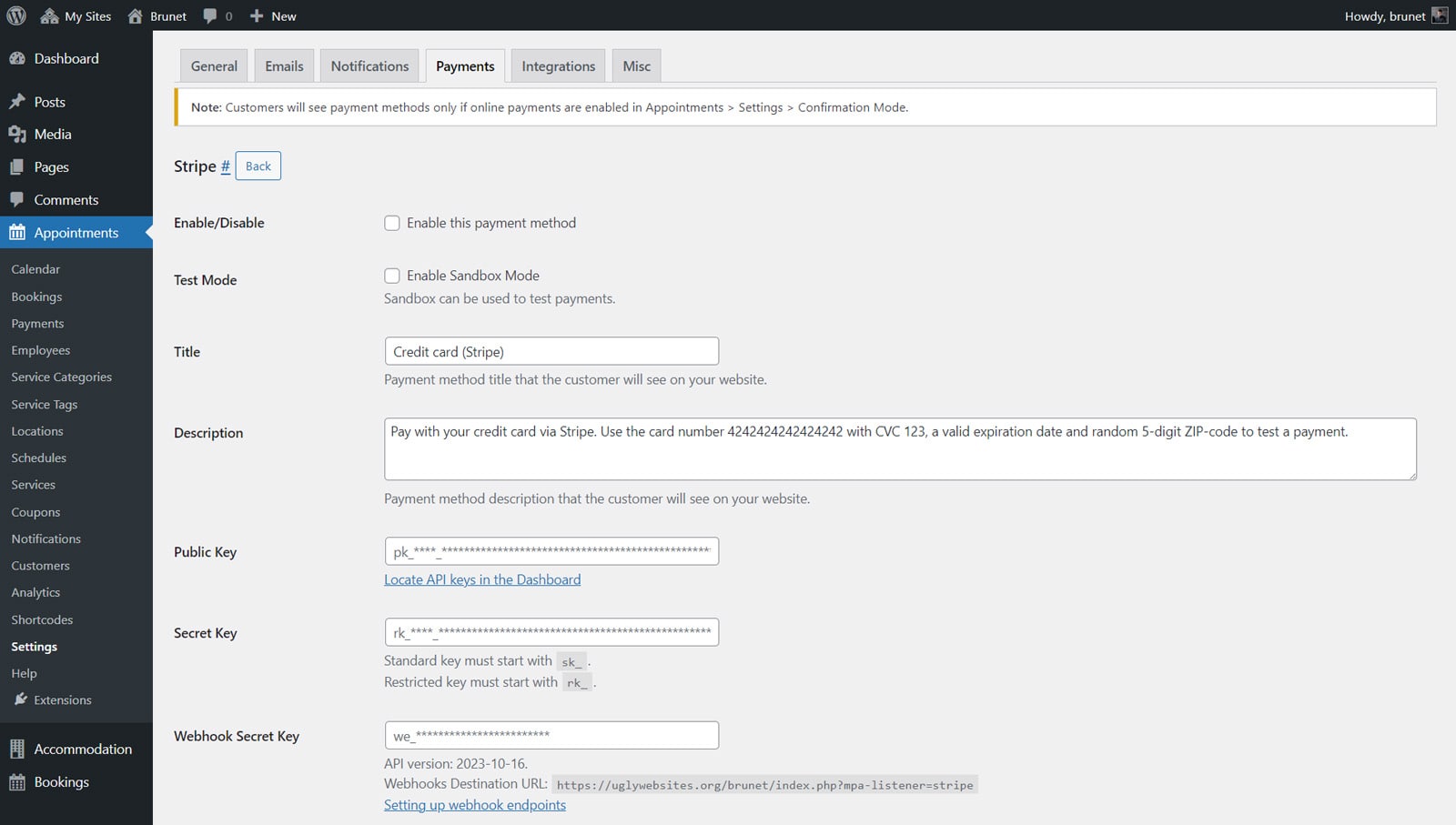 Figura della configurazione del metodo di pagamento Stripe utilizzando il plug-in Prenotazione appuntamenti.