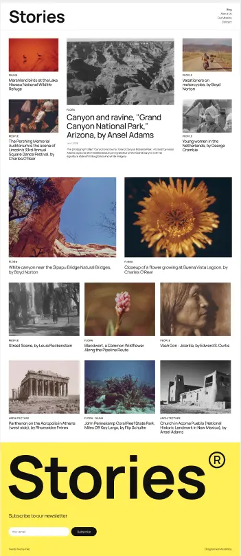 「Stories」というタイトルの Twenty Twenty Five テーマを使用した Web サイトのスクリーンショット。画像とキャプションのグリッド レイアウトが特徴です。各画像は異なるストーリーや記事を表しており、キャプションにはタイトル、主題、写真家やアーティストが示されています。ストーリーでは、自然、文化、建築などのさまざまなトピックが取り上げられており、花のクローズアップ、峡谷の風景、ポートレートなどの注目すべき画像が含まれています。このページは、白の背景と黒のテキストを使用したシンプルなデザインです。下部の「ストーリー」というタイトルの明るい黄色のセクションには、「購読」ボタンのあるニュースレター購読フォームが含まれています。
