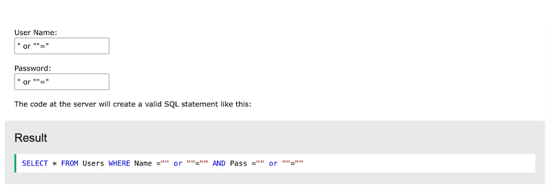 자격 증명을 공개하기 위한 SQL 주입의 예 - 출처: W3code 