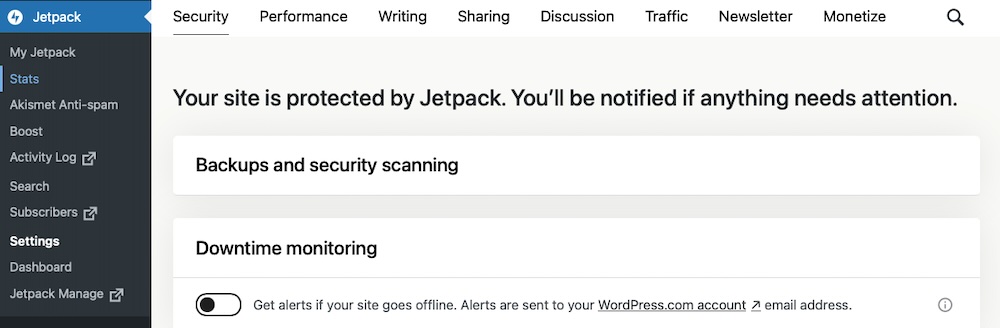 Jetpack 통계 섹션에 보안 설정을 표시하는 WordPress 대시보드의 Jetpack 관리자.