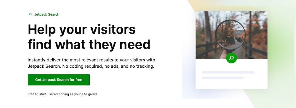 제목, 단락, 이미지 및 '무료로 Jetpack 검색 받기' 버튼이 포함된 Jetpack 검색 웹페이지 히어로 섹션입니다.