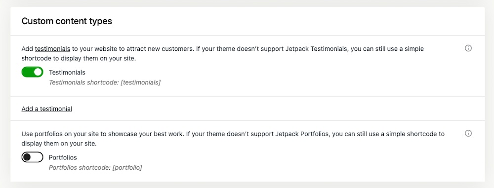사용자 정의 게시물 유형 옵션이 있는 WordPress 대시보드의 Jetpack 설정 - 추천사 및 포트폴리오.