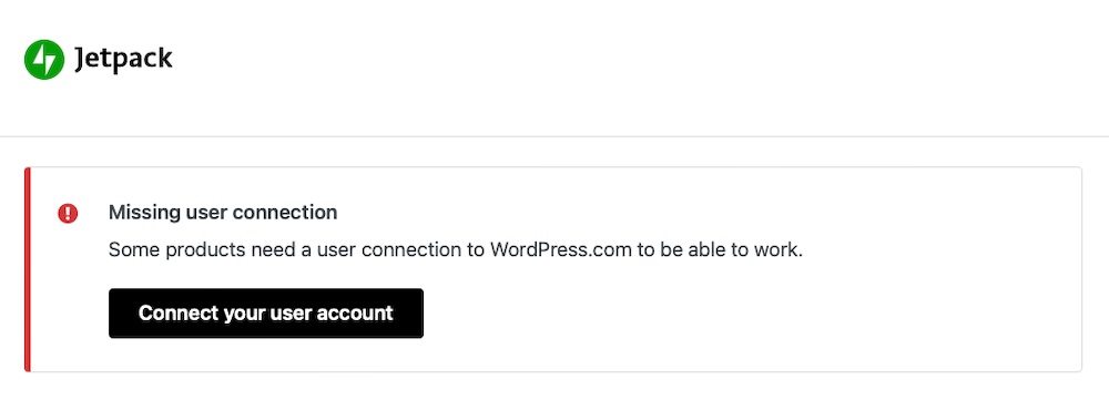 "사용자 계정 연결" 버튼이 있는 Jetpack 경고 "사용자 연결 누락".