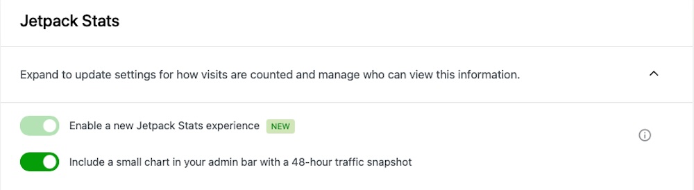 두 옵션이 모두 켜져 있는 Jetpack 통계 옵션을 표시하는 WordPress 대시보드의 Jetpack 관리자.