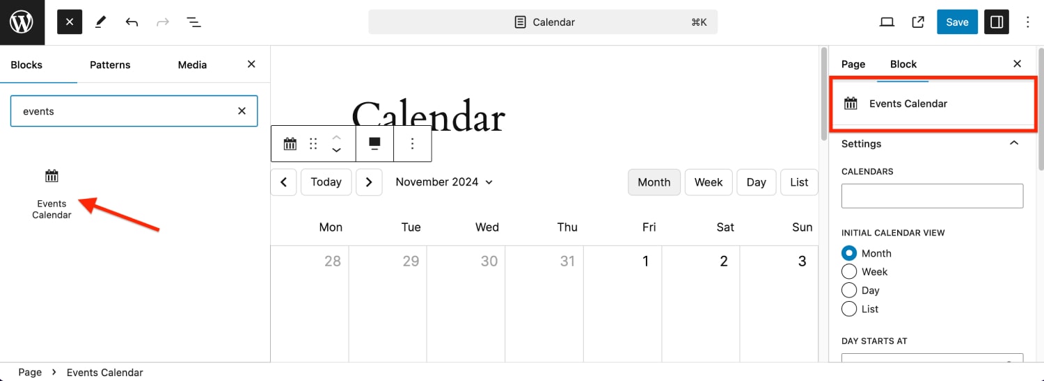 Blok WordPress kalender acara.