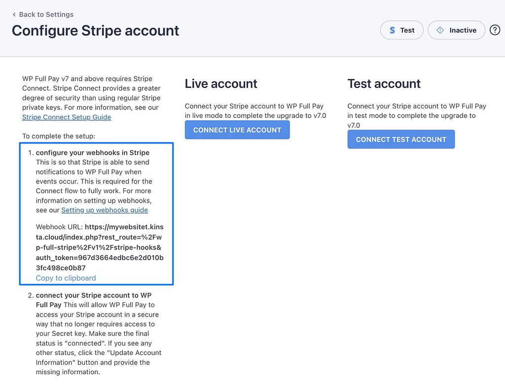 Halaman untuk mengonfigurasi akun Stripe dan webhook