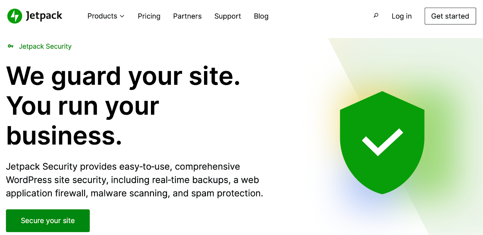 Section héros de la page d'accueil de Jetpack Security avec titre, paragraphe et bouton « Sécuriser votre site ».