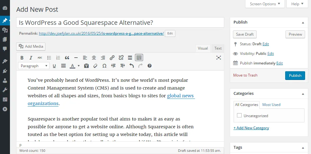 WordPress vs Squarespace Editor di post WordPress