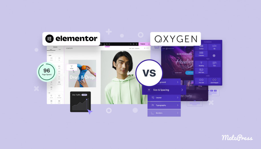 Collage del confronto tra Oxygen Builder ed Elementor.