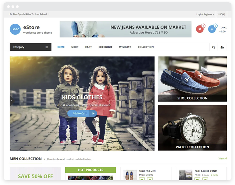 eStore WooCommerce WordPress 테마의 예