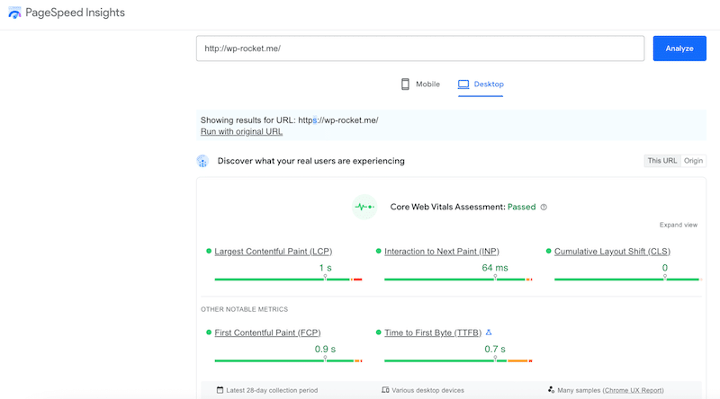 PageSpeed의 KPI 예 - 출처: PageSpeed ​​Insights 