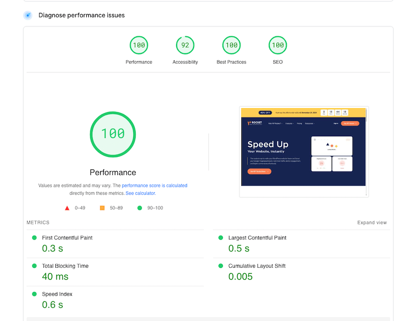 KPI를 사용한 성과 점수의 예 - 출처: PageSpeed ​​Insights