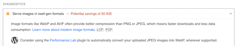 PageSpeed에서 차세대 형식으로 이미지 제공 - 출처: PageSpeed ​​Insights 