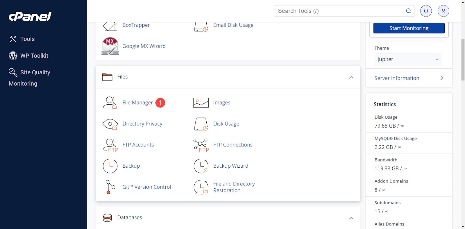 العثور على مدير الملفات cpanel