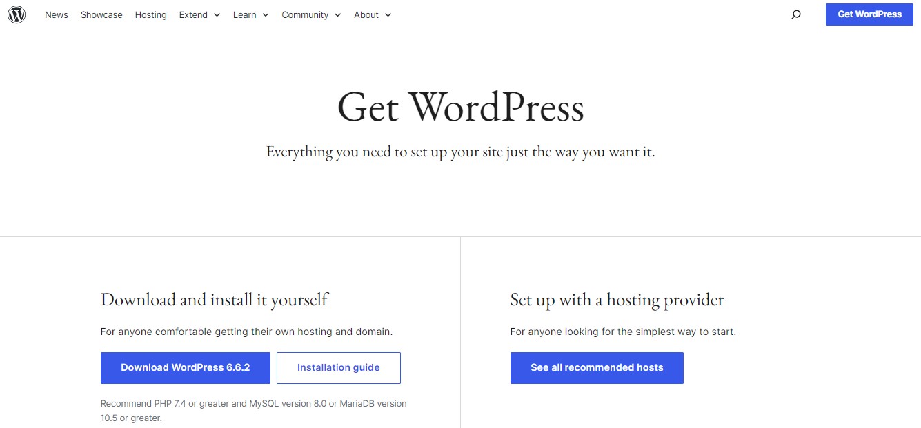 صفحة WordPress.org الرئيسية التي تحتوي على عنوان وفقرة ودعوات متنوعة تحث المستخدمين على اتخاذ إجراء لتنزيل WordPress.