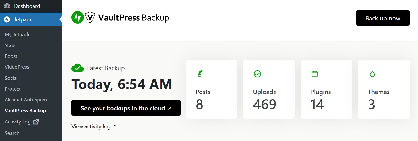 Jetpack Vaultpress Backup كما هو معروض في لوحة تحكم WordPress.