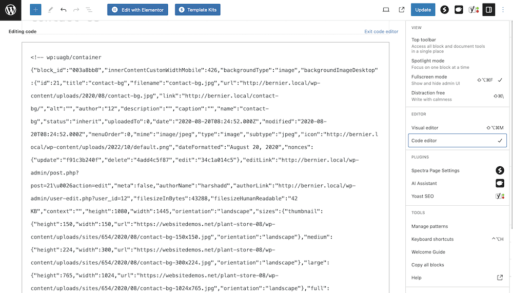 يُظهر محرر WordPress Block علامة تبويب محرر التعليمات البرمجية