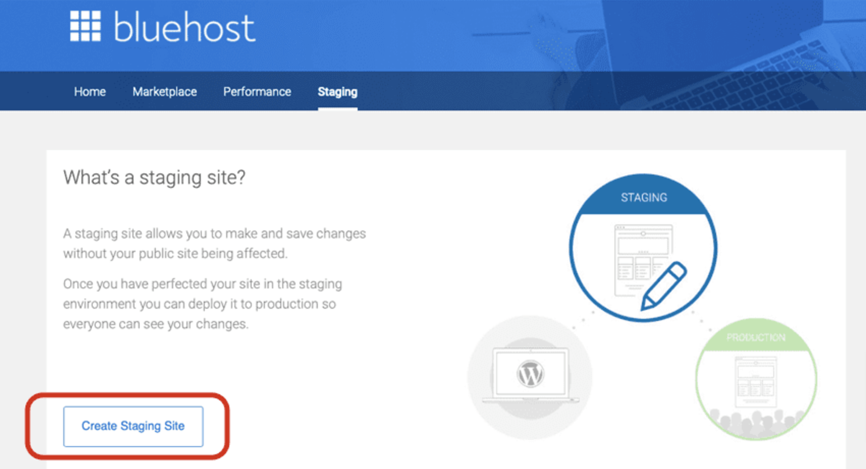 Gambar ini menunjukkan opsi pembuatan situs pementasan Bluehost