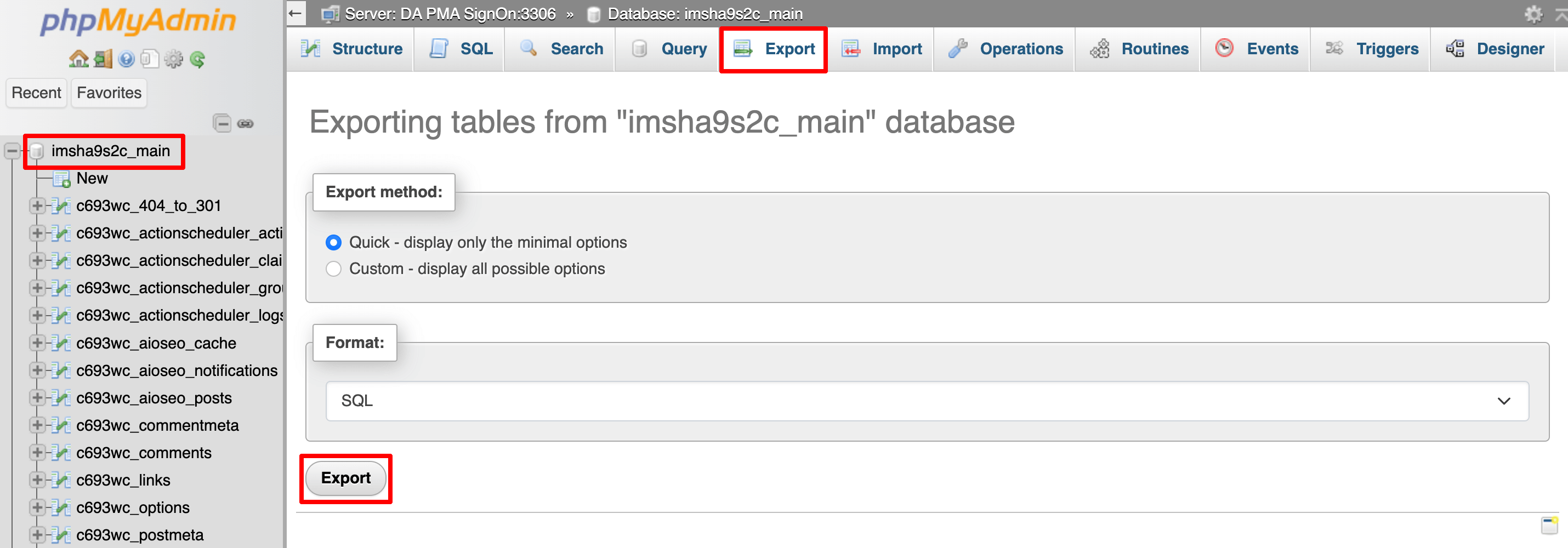 Gambar ini menunjukkan cara mengekspor database dari phpmyadmin