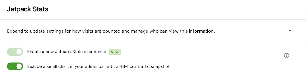 Configurações do plug-in Jetpack Stats com opções ativadas para permitir uma nova experiência e incluir um pequeno gráfico na barra de administração.