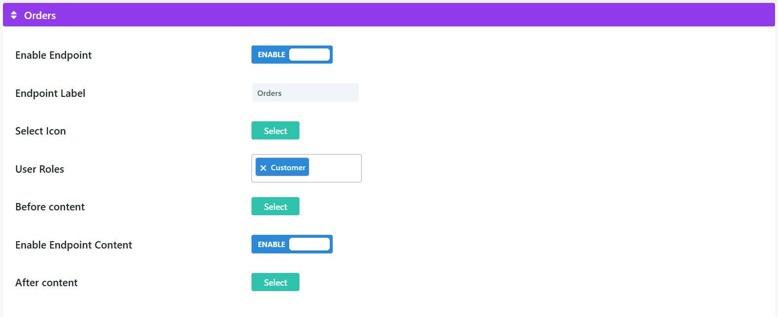 Opciones de punto final de la página Divi MyAccount