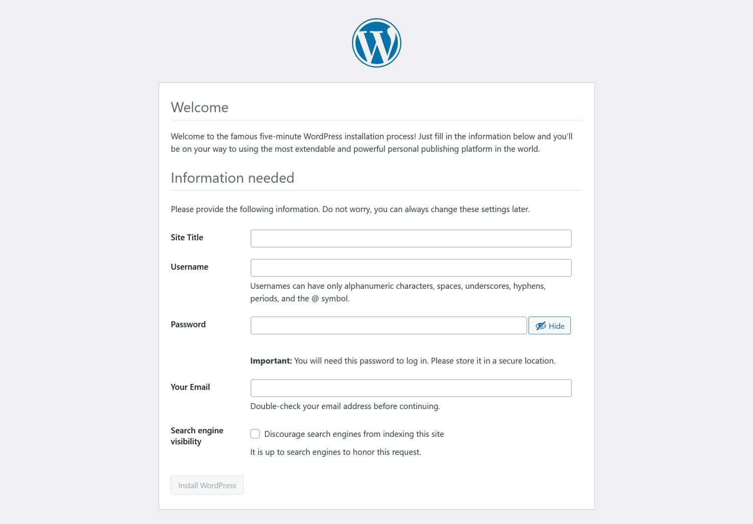 Menú de instalación de WordPress