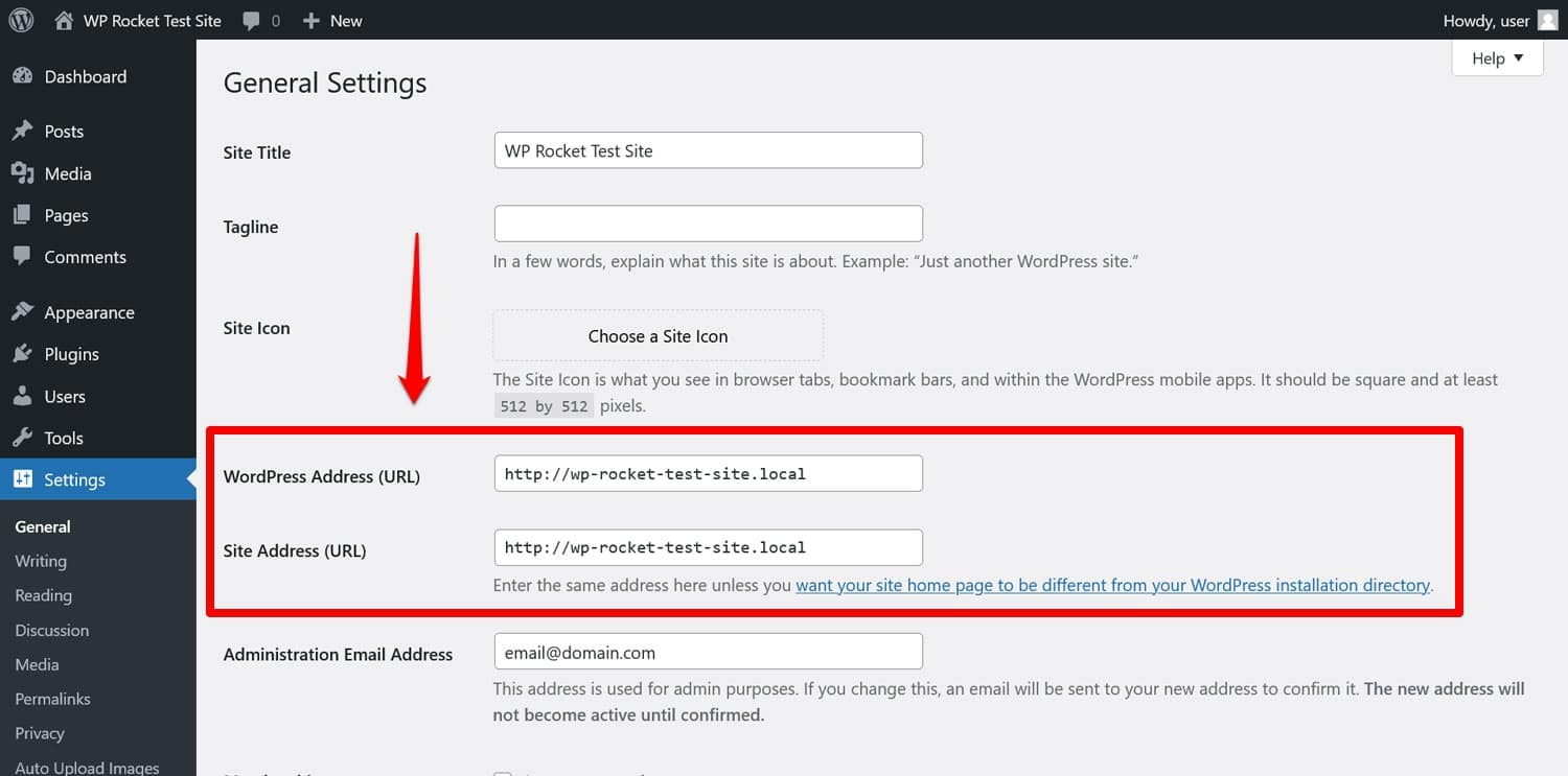 Actualizar los dominios del sitio en la configuración de WordPress