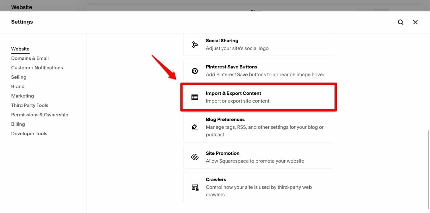 Opción de importar/exportar contenido en Squarespace