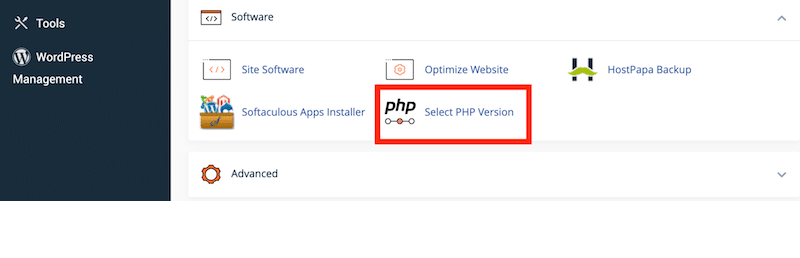 Submenu de software para atualizar a versão atual do PHP - Fonte: cPanel 