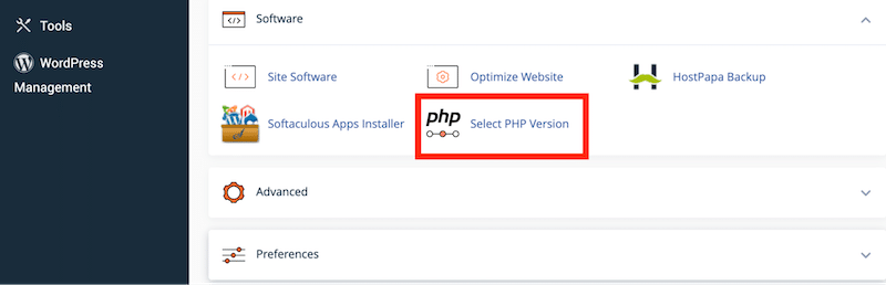 Submenu de software para verificar a versão atual do PHP - Fonte: cPanel 