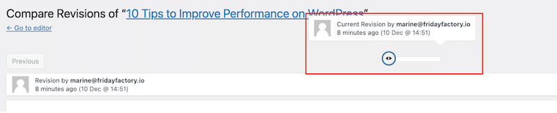 スライダーをドラッグして以前のバージョンを確認する - 出典: 私の WordPress リビジョン インターフェース 