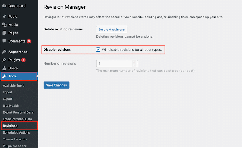 Companion Revision Manager を使用して WordPress リビジョンを無効にする - 出典: Companion Revision Manager プラグイン   