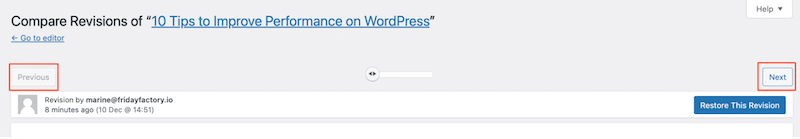 Previous または Next を使用して以前のバージョンを確認する - 出典: 私の WordPress リビジョン インターフェース 