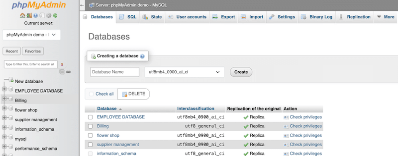 自分の WordPress サイトに一致するデータベースを見つける - 出典: phpMyAdmin  