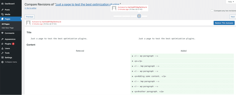 WordPress 管理者のリビジョン インターフェイスの例 - 出典: 私の WordPress 管理者