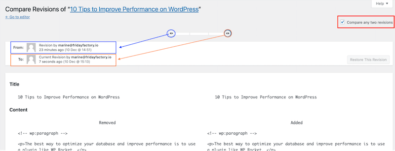 2 つのリビジョン バージョンの比較 - 出典: 私の WordPress リビジョン インターフェイス 