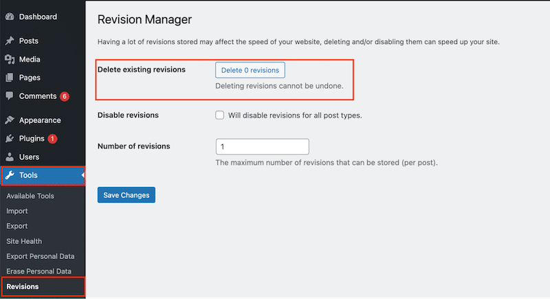 Companion Revision Manager を使用した WordPress リビジョンの削除 - 出典: Companion Revision Manager プラグイン